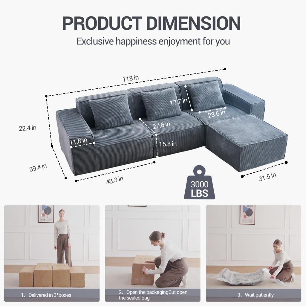 118-inch modular sofa can be converted into an oversized sofa bed Free conversion sofa set flexible configuration, soft corduroy cloud velvet fabric