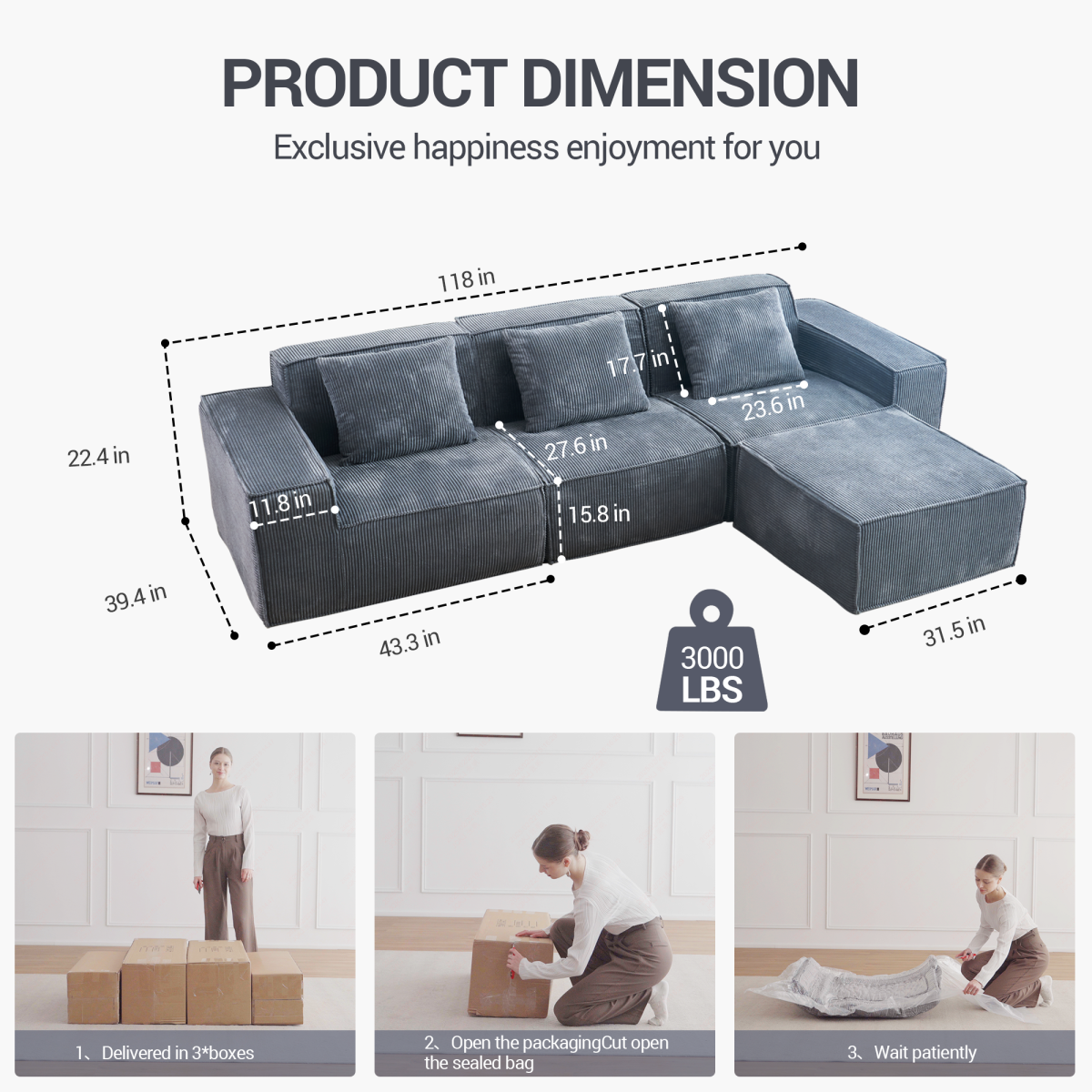 118-inch modular sofa can be converted into an oversized sofa bed Free conversion sofa set flexible configuration, soft corduroy cloud velvet fabric