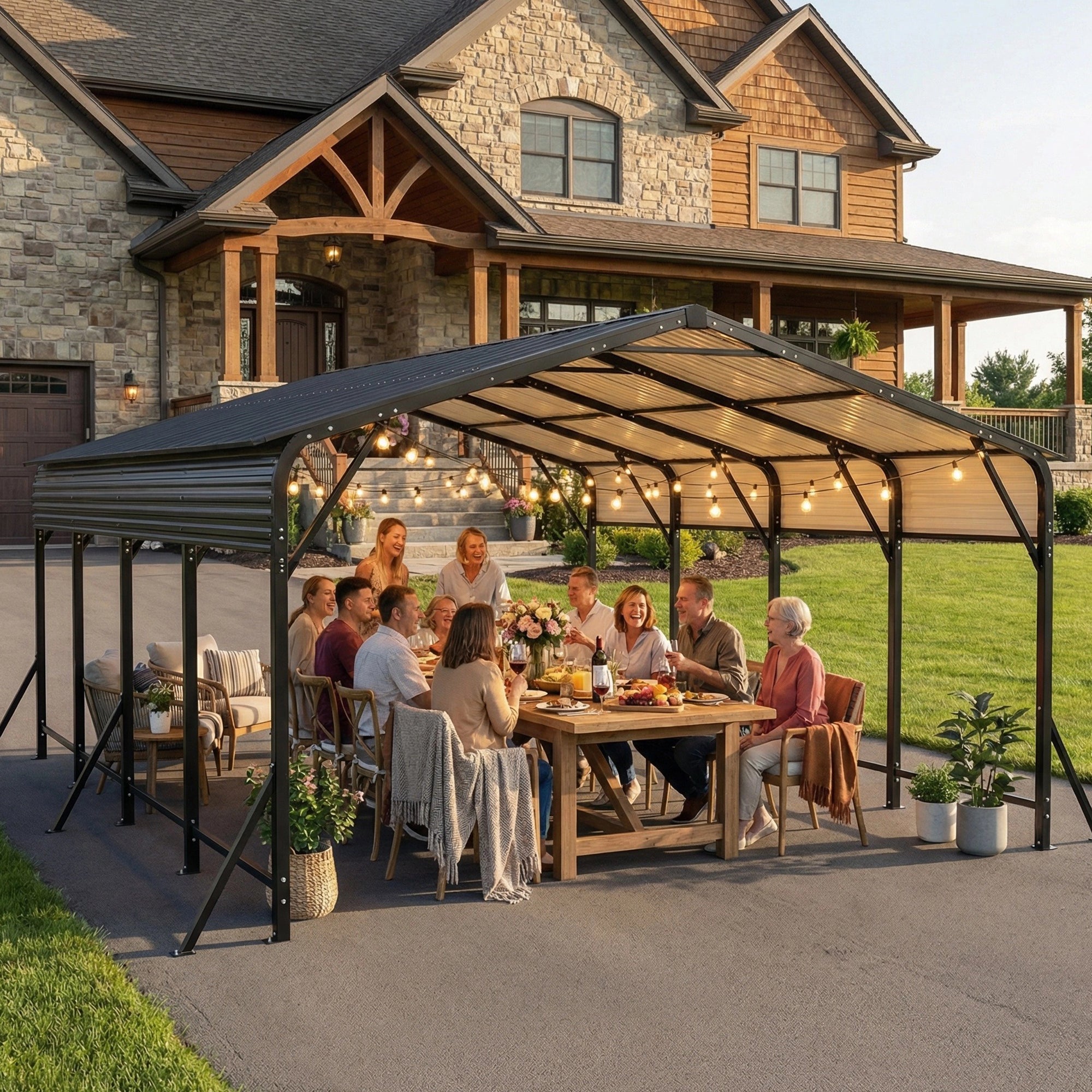 20×20 ft Heavy-Duty Galvanized Steel Carport — 140 mph Wind-Rated, Triangle-Reinforced, UV & Waterproof