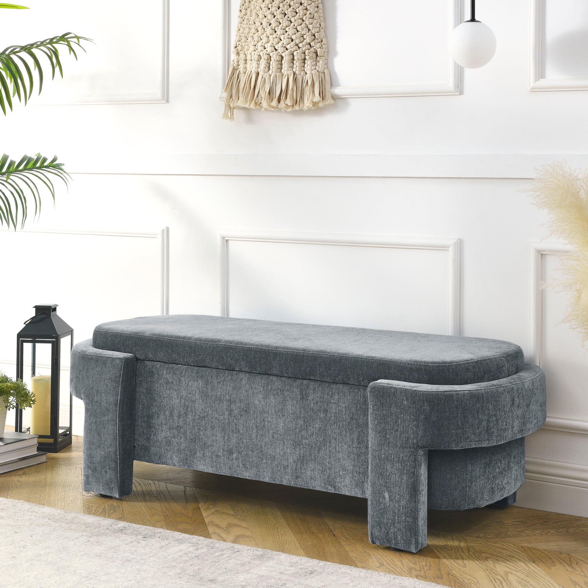 Chenille Upholstered Bench with Large Storage in Grey