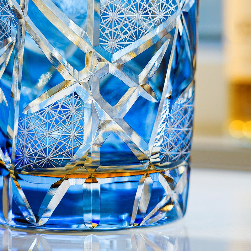 Edo Kiriko Hand-Carved Amber Lightning Pattern Whiskey Glass