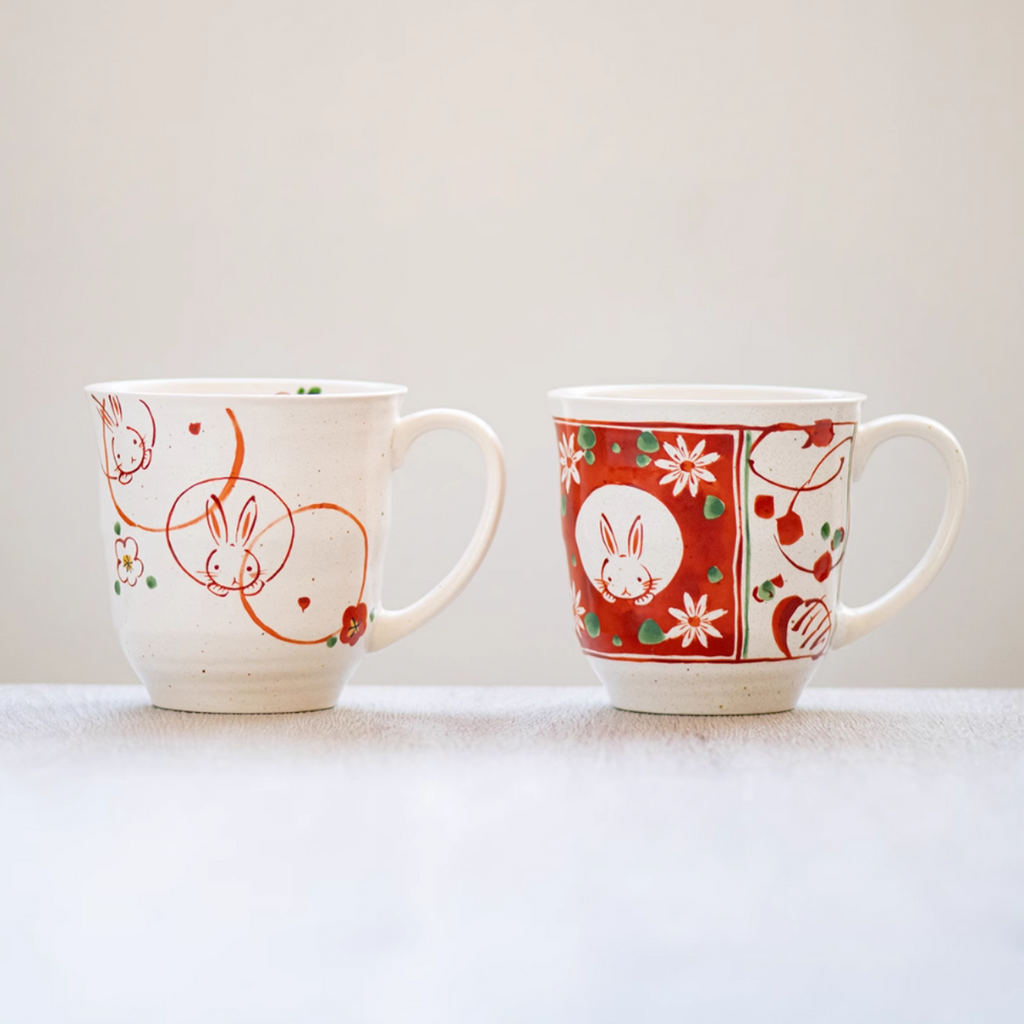 Mino Ware Wind, Flower, Snow & Rabbit Couple Mug Set – Wedding & Housewarming Gift