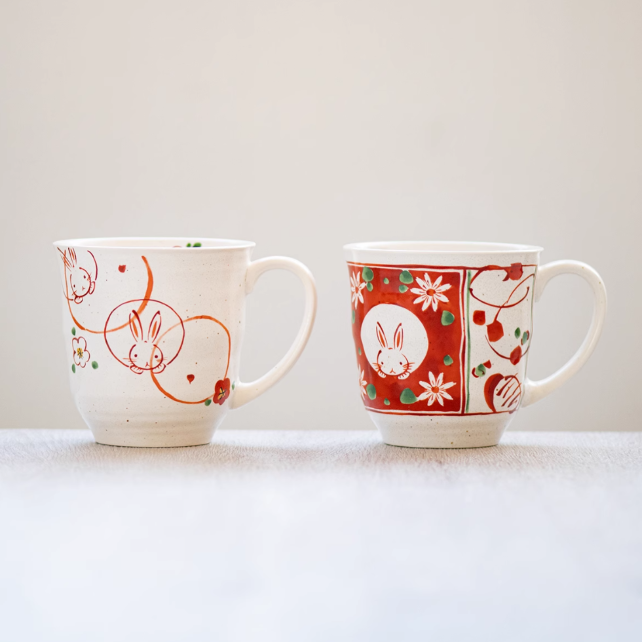 Mino Ware Wind, Flower, Snow & Rabbit Couple Mug Set – Wedding & Housewarming Gift