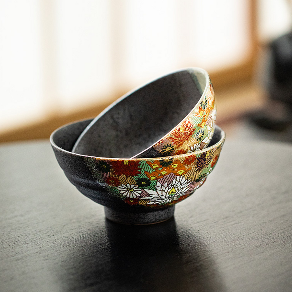 Kutani Ware Golden Floral Sea Rice Bowl Set