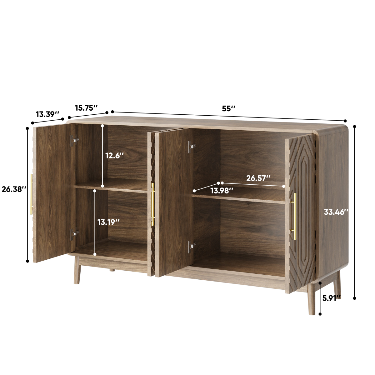 Modern Farmhouse Sideboard Cabinet 4 Door Buffet Storage with Carved Details and Adjustable Shelves