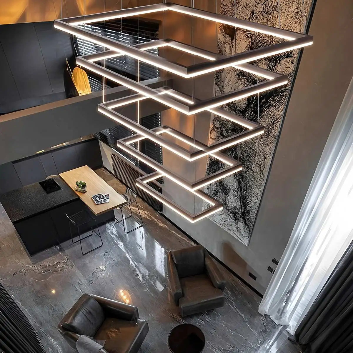 Modern Black Tiered Rectangular Chandelier