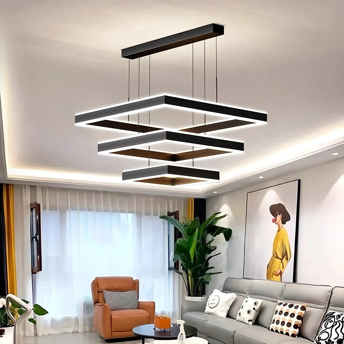 Tiered Black Square Pendant Lamp for Living Room