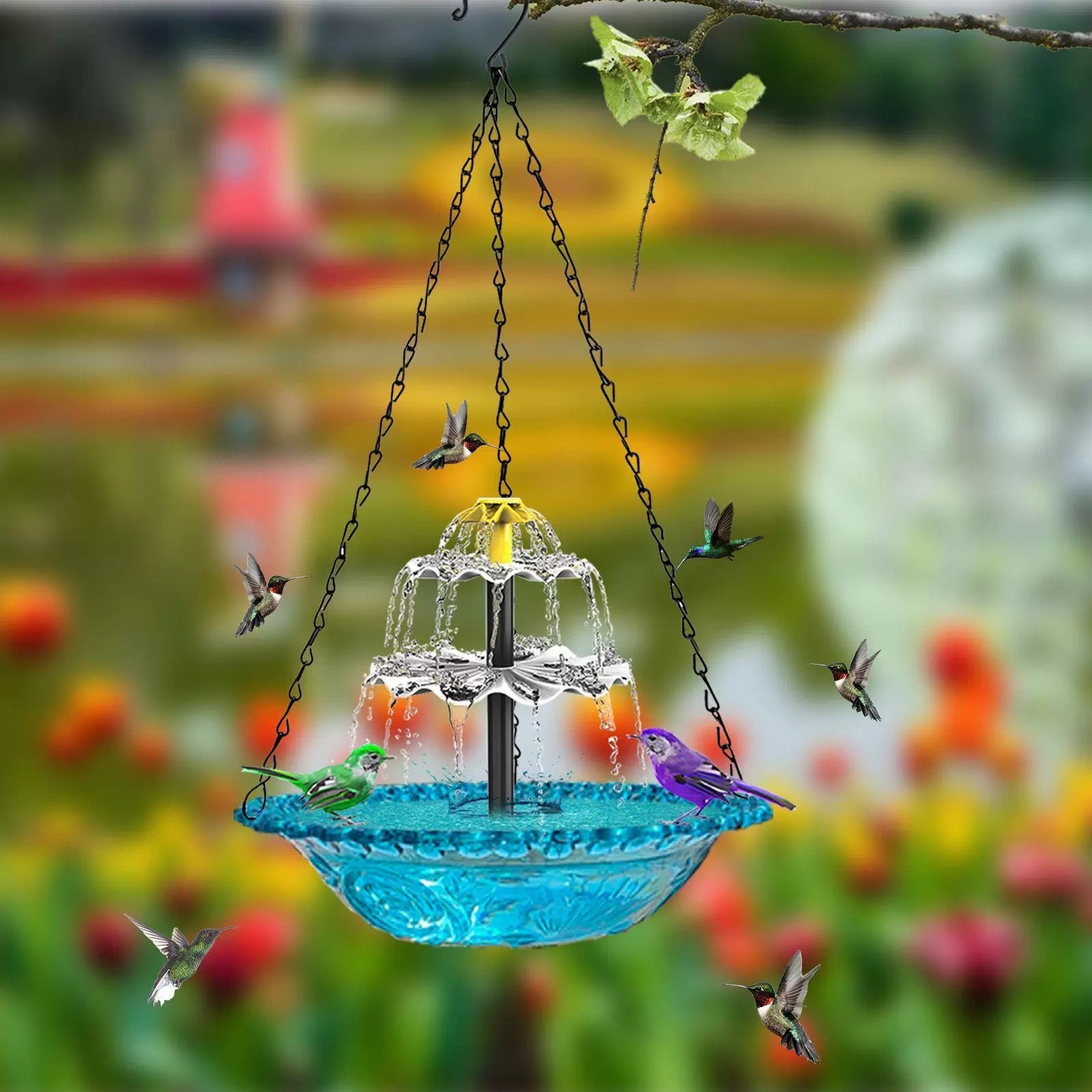Solar Hummingbird Fountain Bird Bath with 3-Tier Cascade