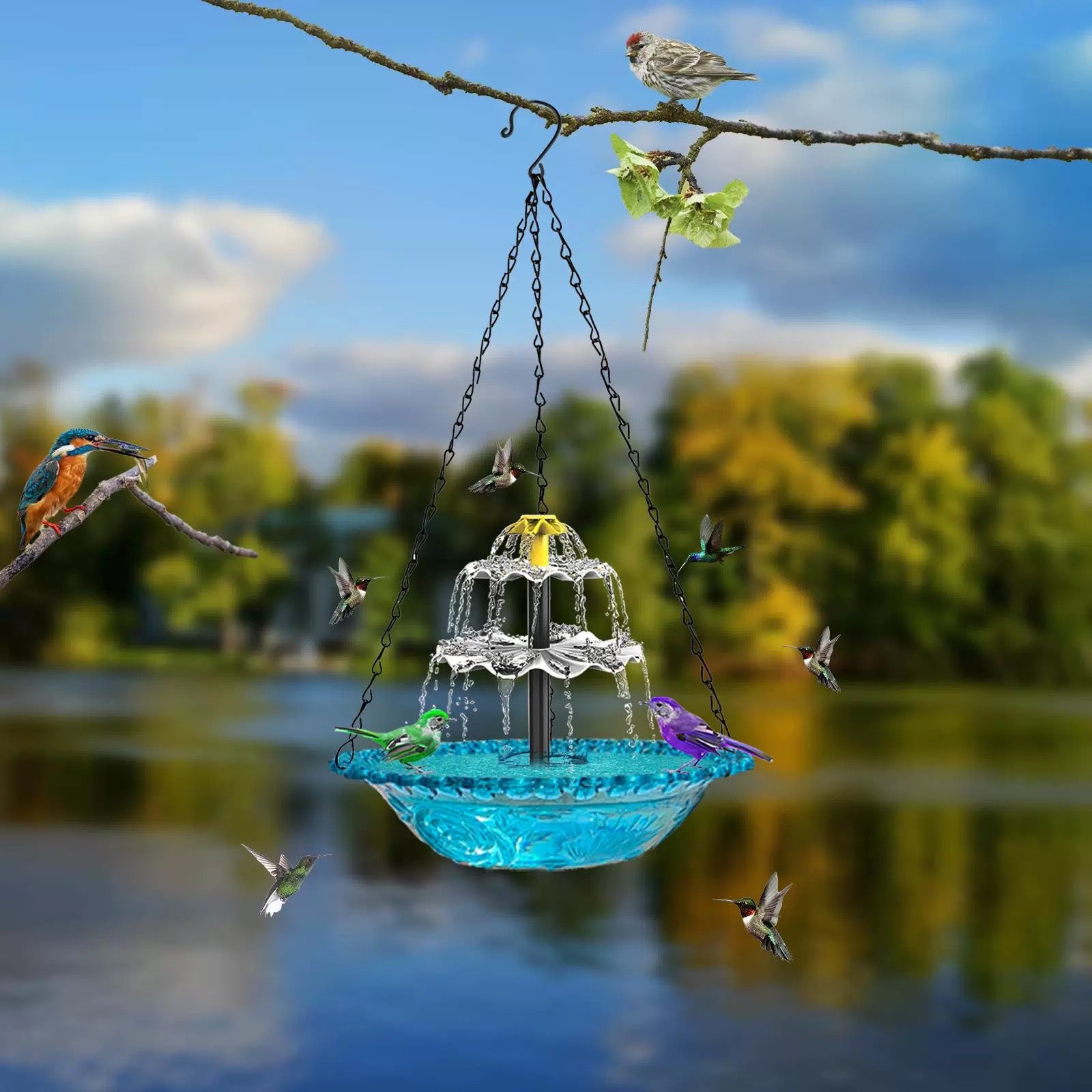 Solar Hummingbird Fountain Bird Bath with 3-Tier Cascade