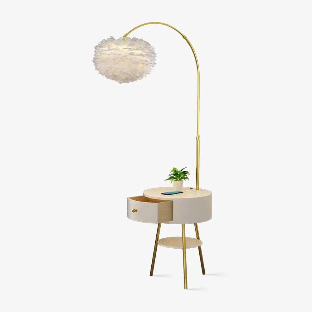 Feather Floor Lamp with Built-In Drawer – White & Gold Luxury Standing Light