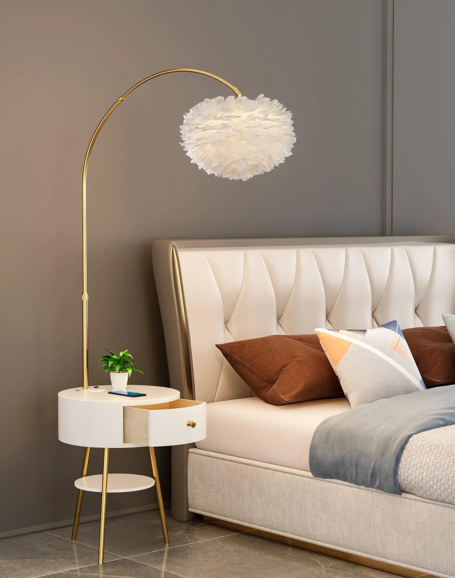 Feather Floor Lamp with Built-In Drawer – White & Gold Luxury Standing Light