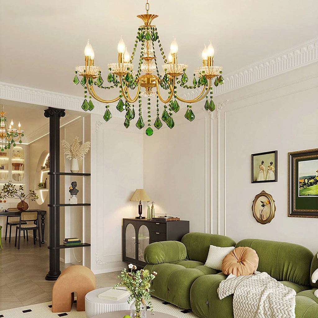 French Retro Green Crystal Pendant Chandelier