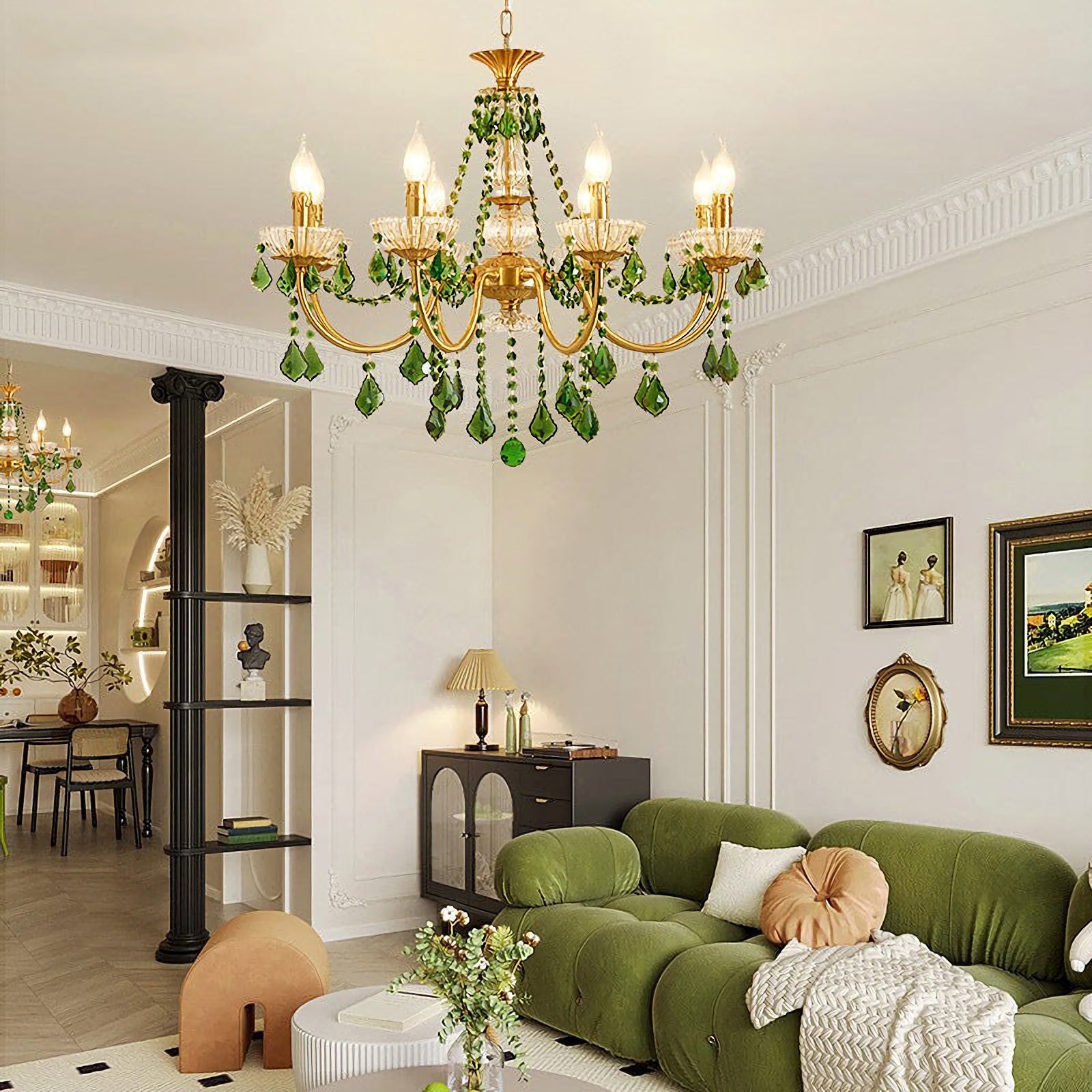 French Retro Green Crystal Pendant Chandelier