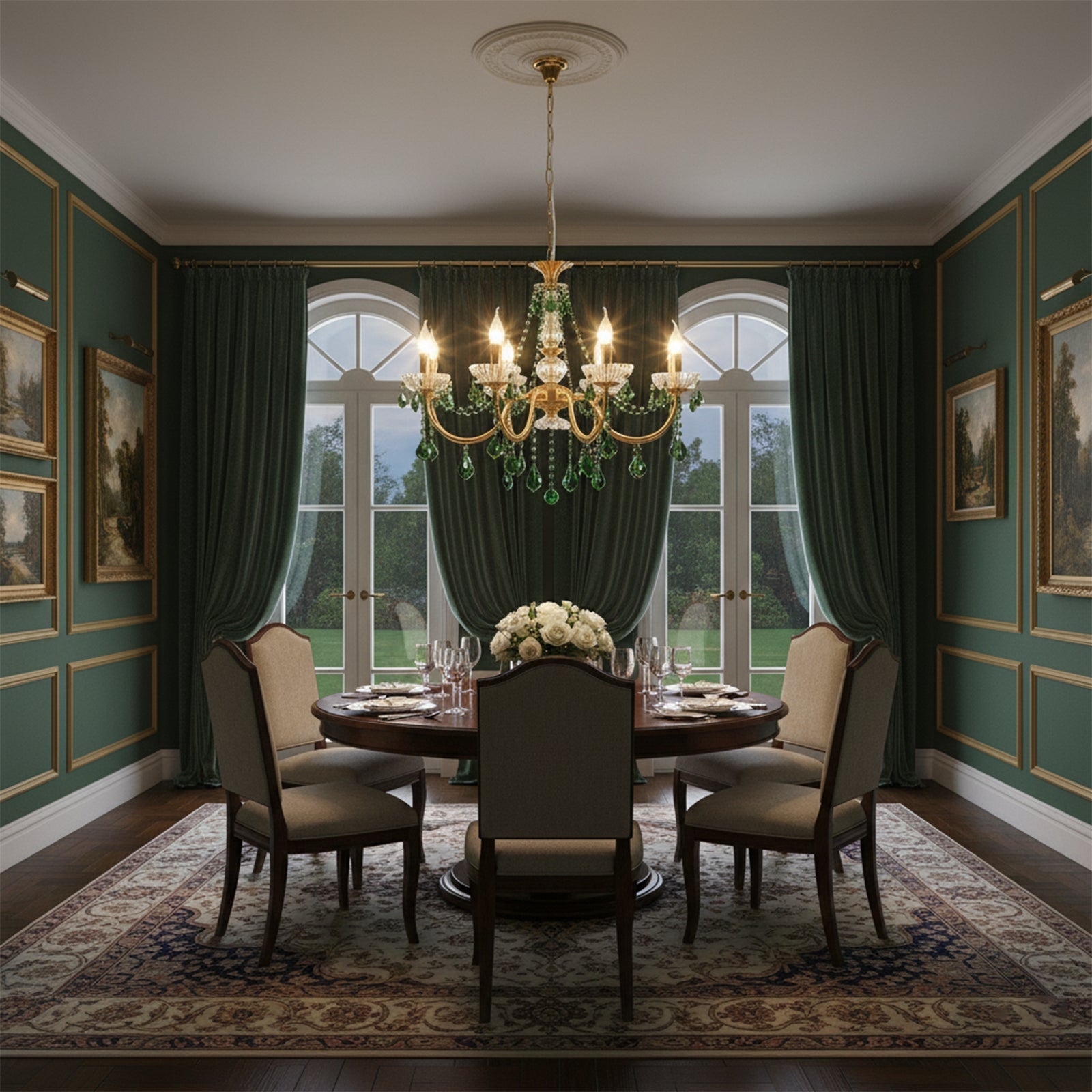 French Retro Green Crystal Pendant Chandelier