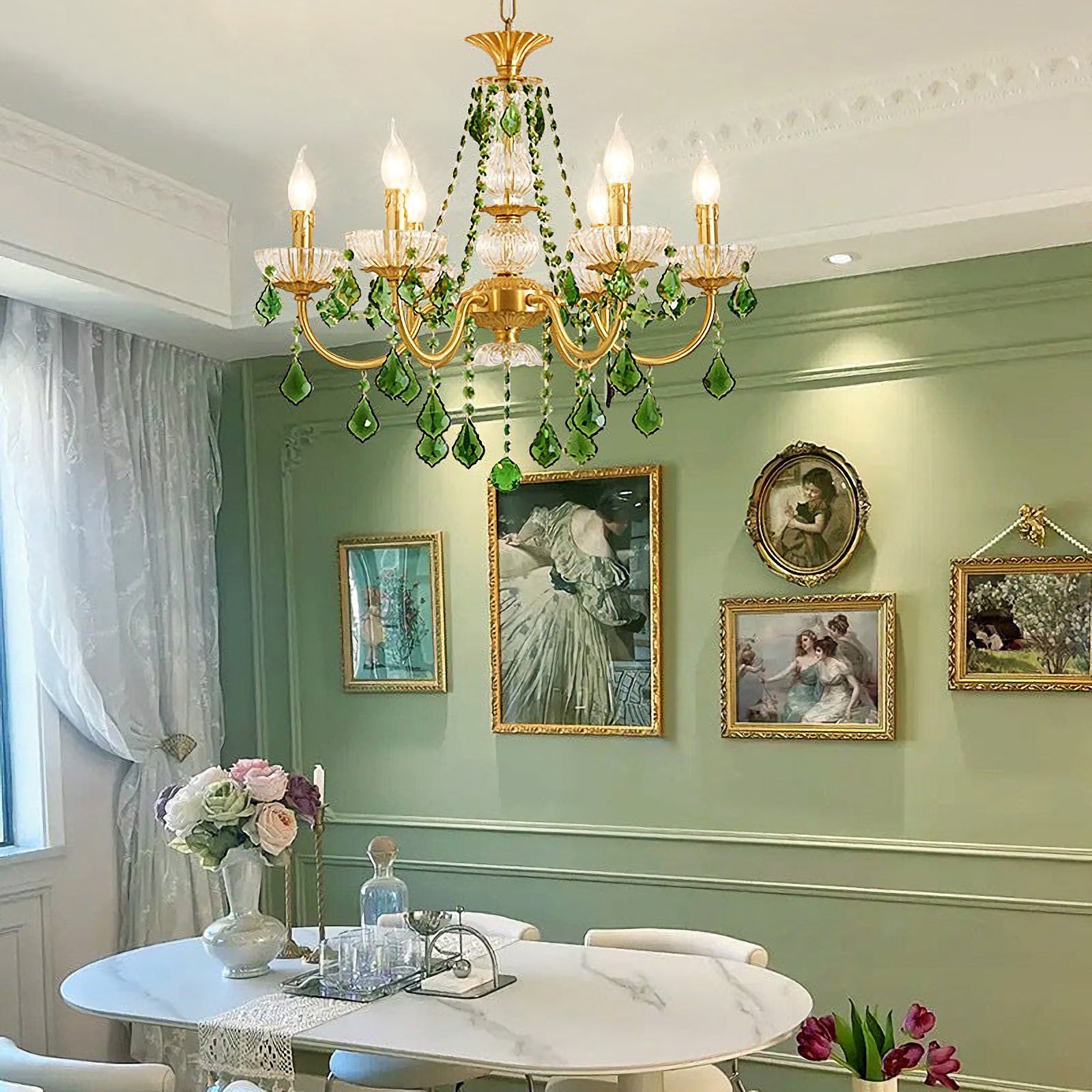 French Retro Green Crystal Pendant Chandelier