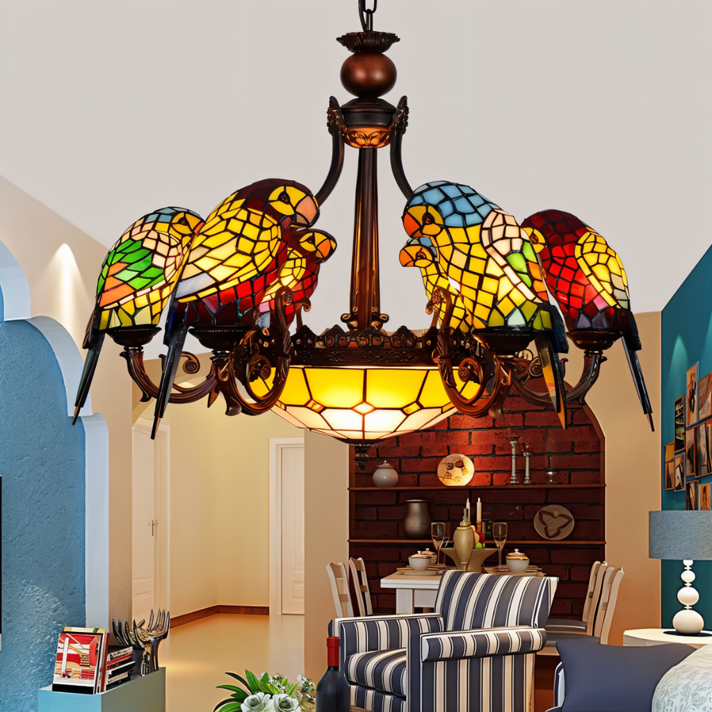 Glass Parrot Chandelier - Artistic Bird Design