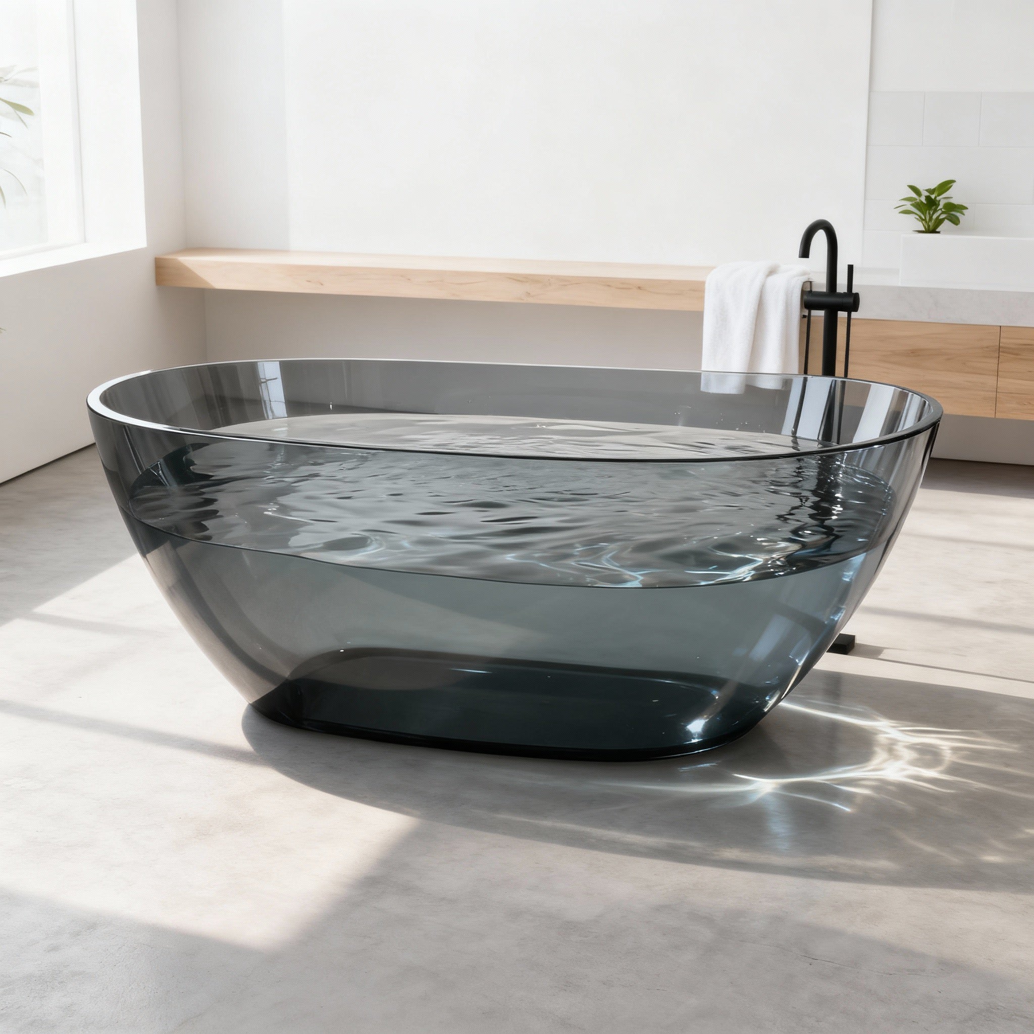 69 Inch Oval Freestanding Soaking Tub | Translucent Grey Blue Resin Stone| Deep Bath