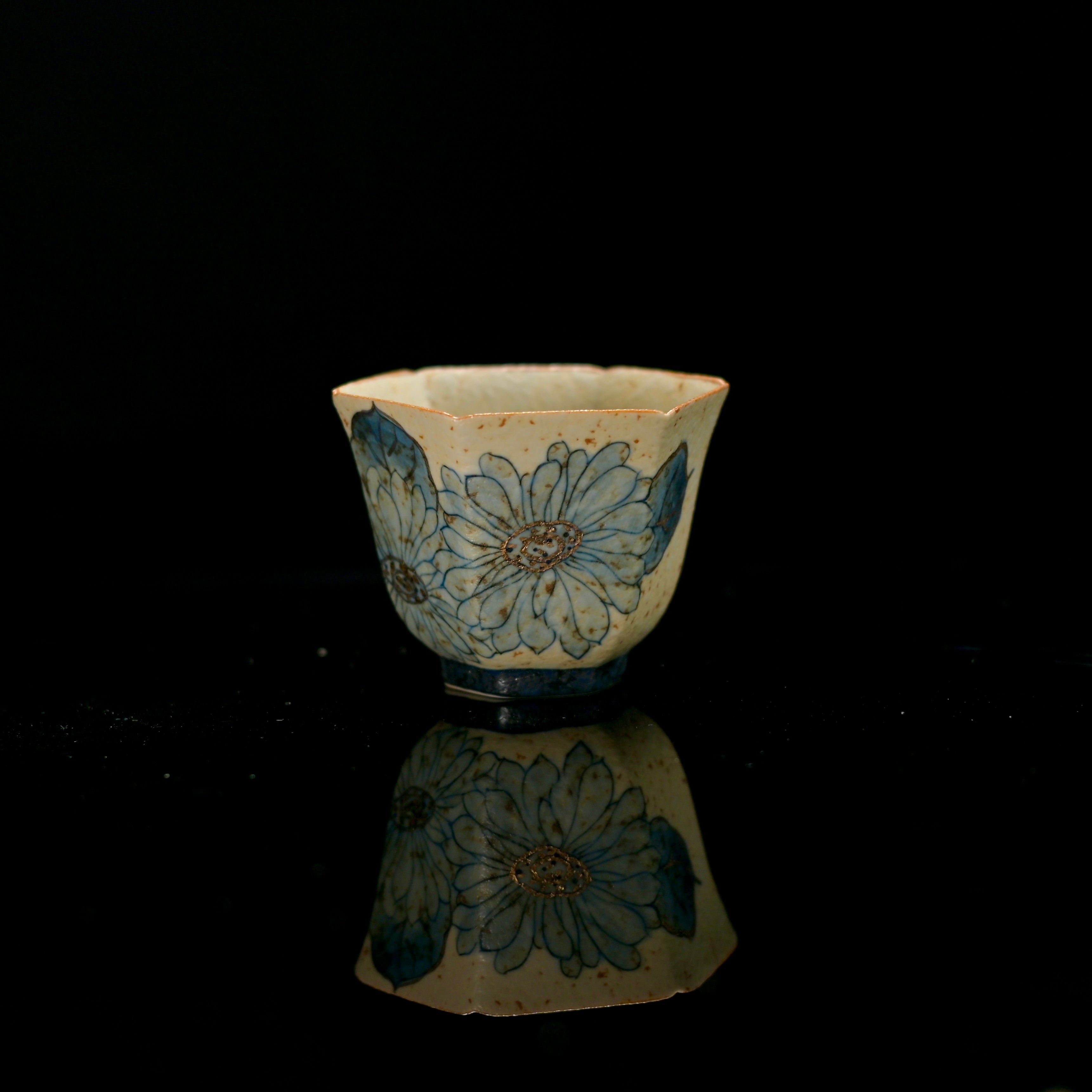 Antique Clay Volcanic Stone Caramel Glaze Tea Cup – Hand-Painted Peony or Lotus, 45ml