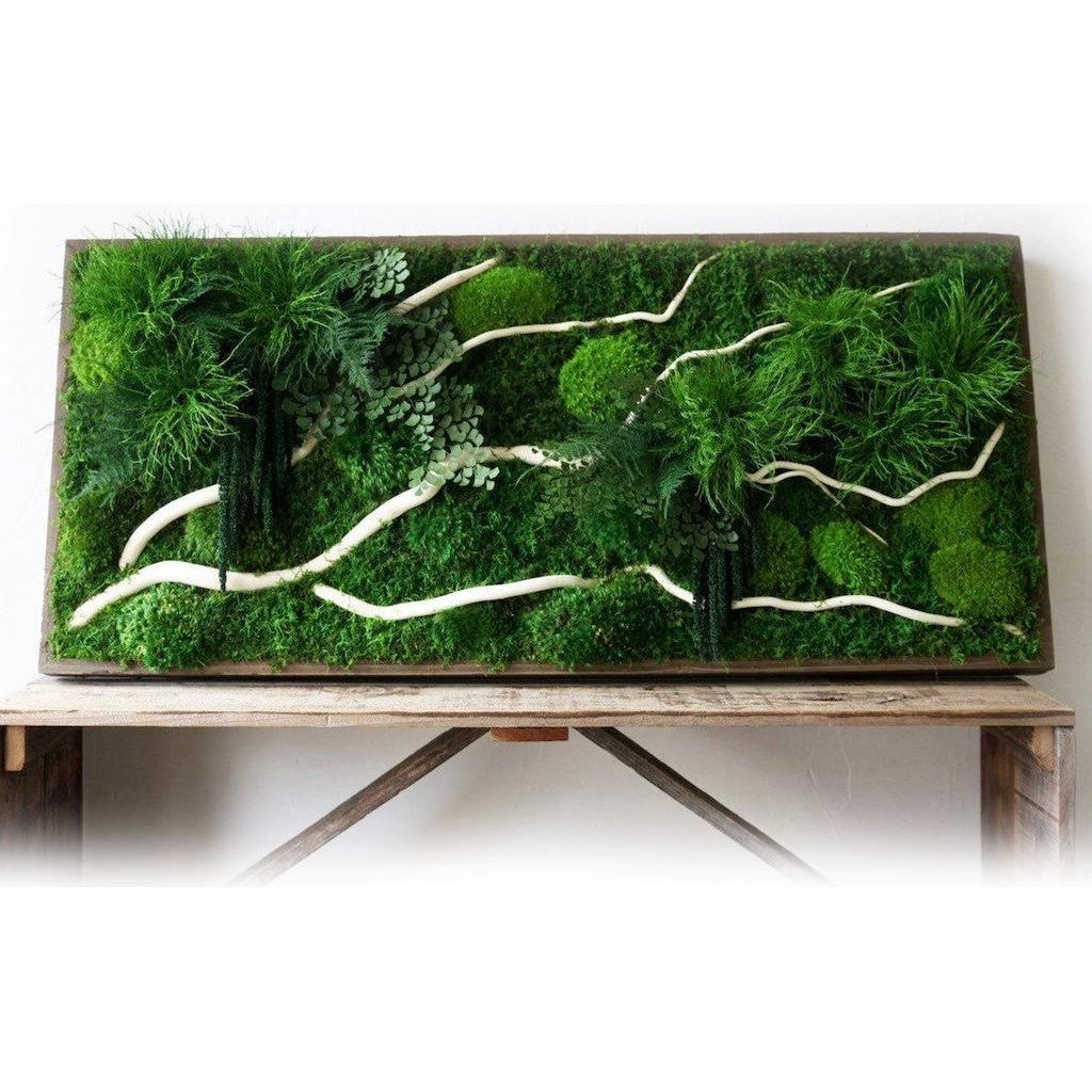 Handmade 40” x 18” White Branch Moss & Ferns Plant Painting
