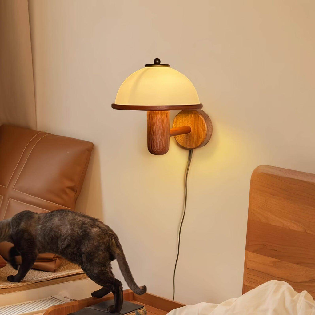 Mushroom Wood Wall Lamp – Rustic Organic Bedroom Wall Sconce