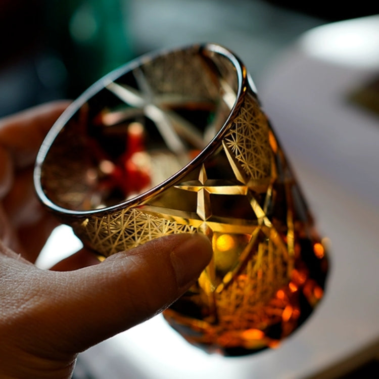 Edo Kiriko Hand-Carved Amber Lightning Pattern Whiskey Glass