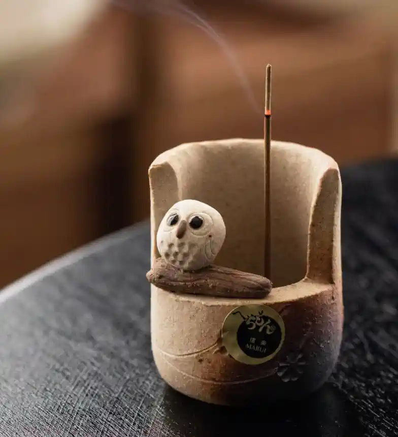 Shigaraki Ware Handmade Rustic Ceramic Owl Incense Holder