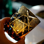 Edo Kiriko Hand-Carved Amber Lightning Pattern Whiskey Glass