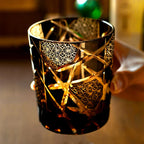 Edo Kiriko Hand-Carved Amber Lightning Pattern Whiskey Glass