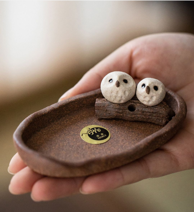 Shigaraki Ware Handmade Rustic Ceramic Owl Incense Holder