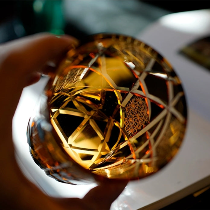 Edo Kiriko Hand-Carved Amber Lightning Pattern Whiskey Glass