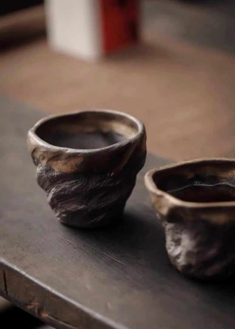 Wabi-Sabi Wood-Fired Coarse Clay Tea Cup – 120ml Wide-Mouth, Natural Ash Glaze & Cracks