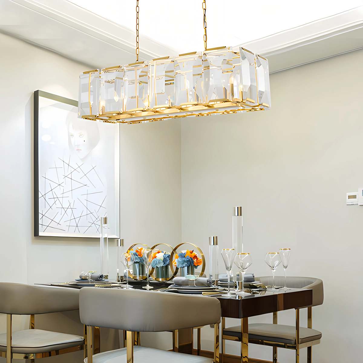 Rectangular Glass Chandelier - Modern LED Linear Lighting