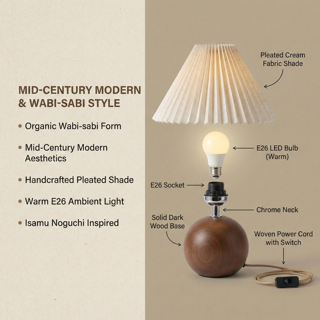 Noguchi-Inspired Pleated Table Lamp with Spherical Wood Base