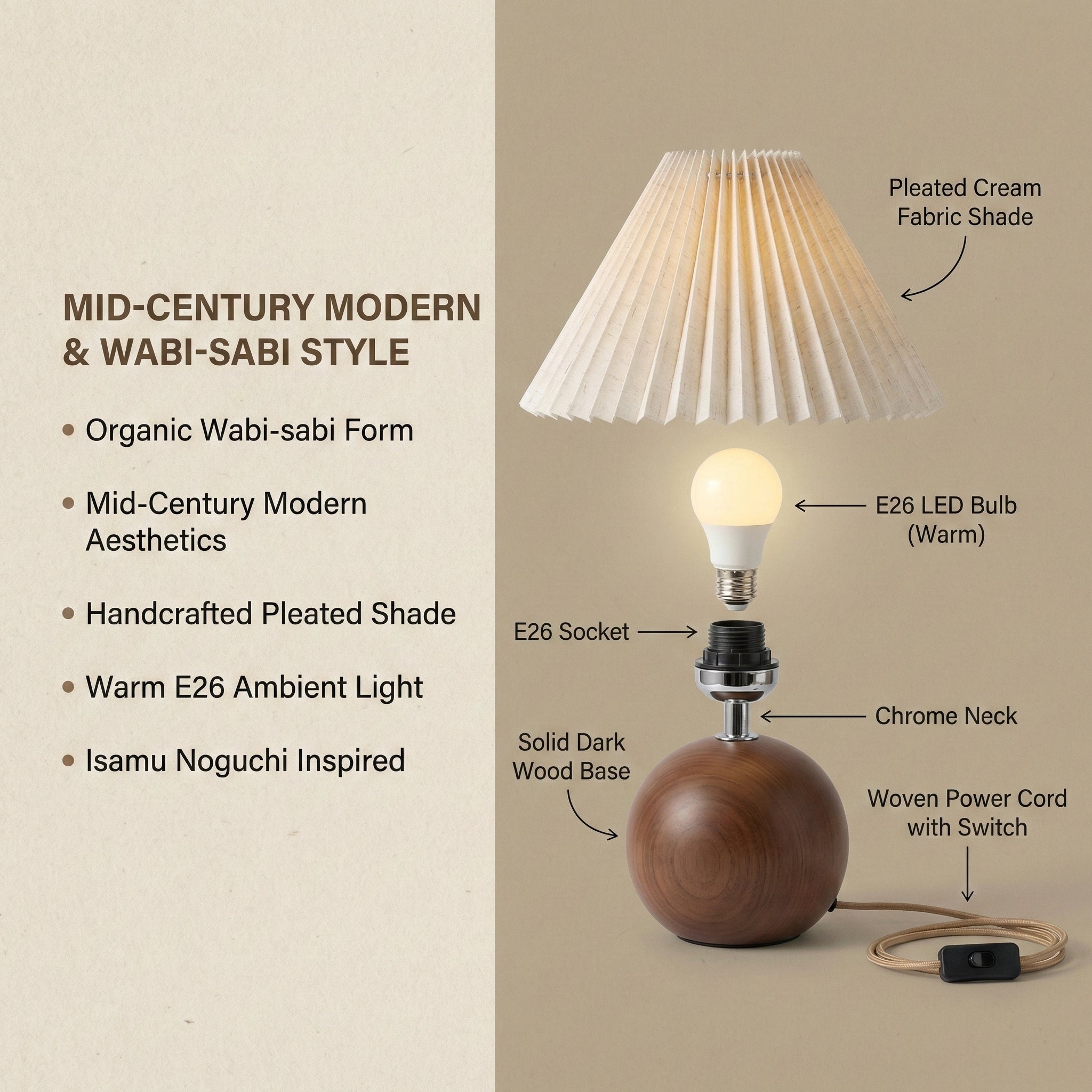 Noguchi-Inspired Pleated Table Lamp with Spherical Wood Base