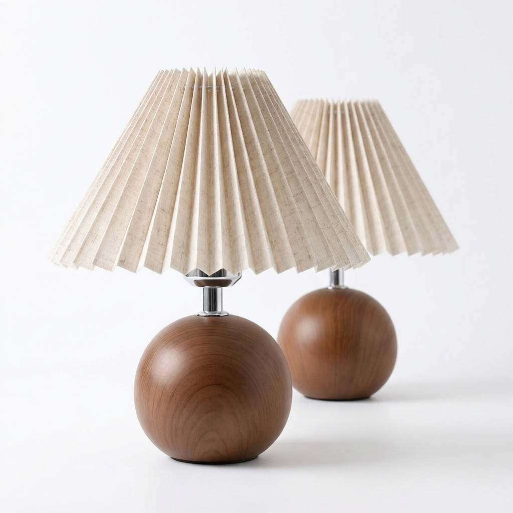 Noguchi-Inspired Pleated Table Lamp with Spherical Wood Base