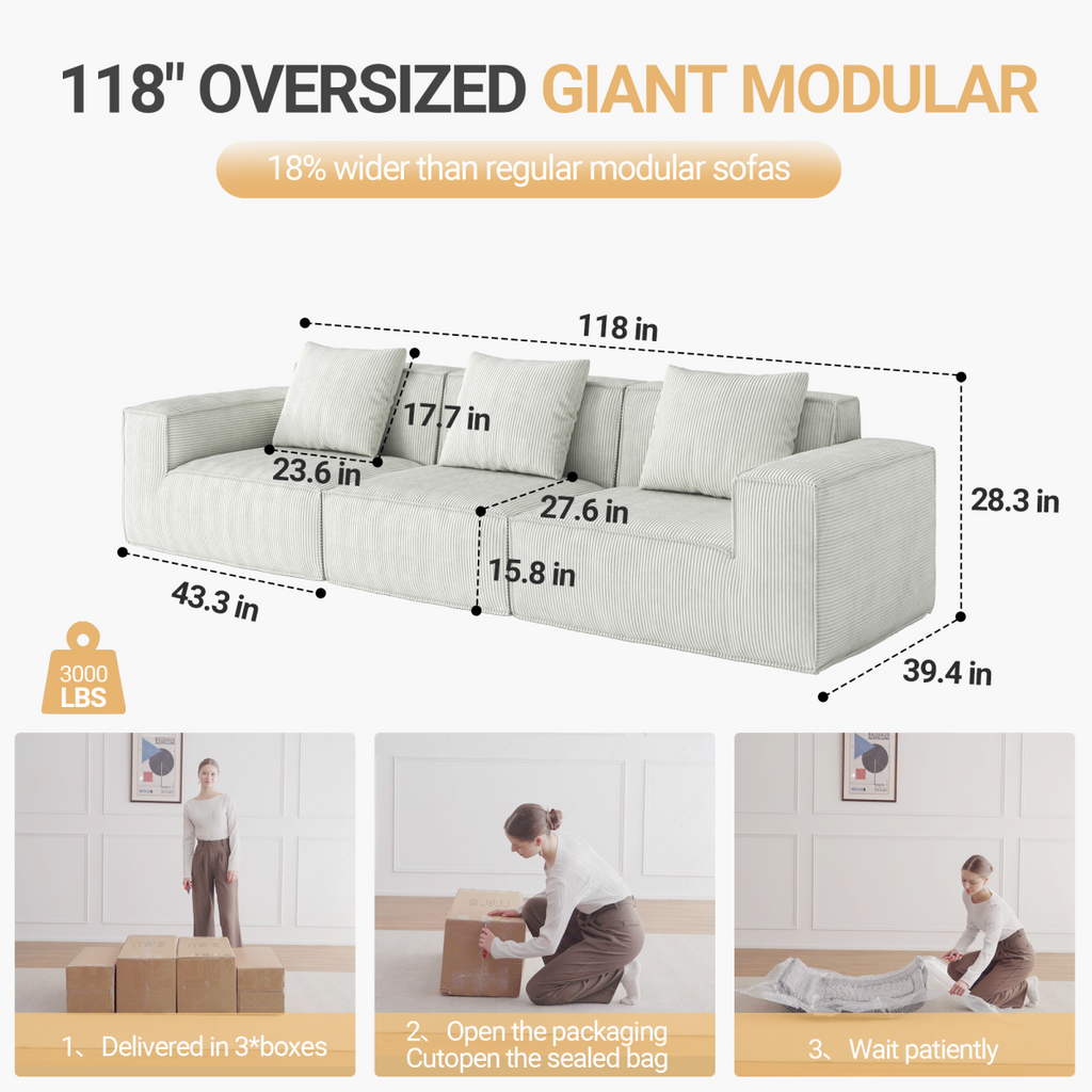 118-inch modular sofa can be converted into an oversized sofa bed  Free conversion sofa set flexible configuration, soft corduroy cloud velvet fabric