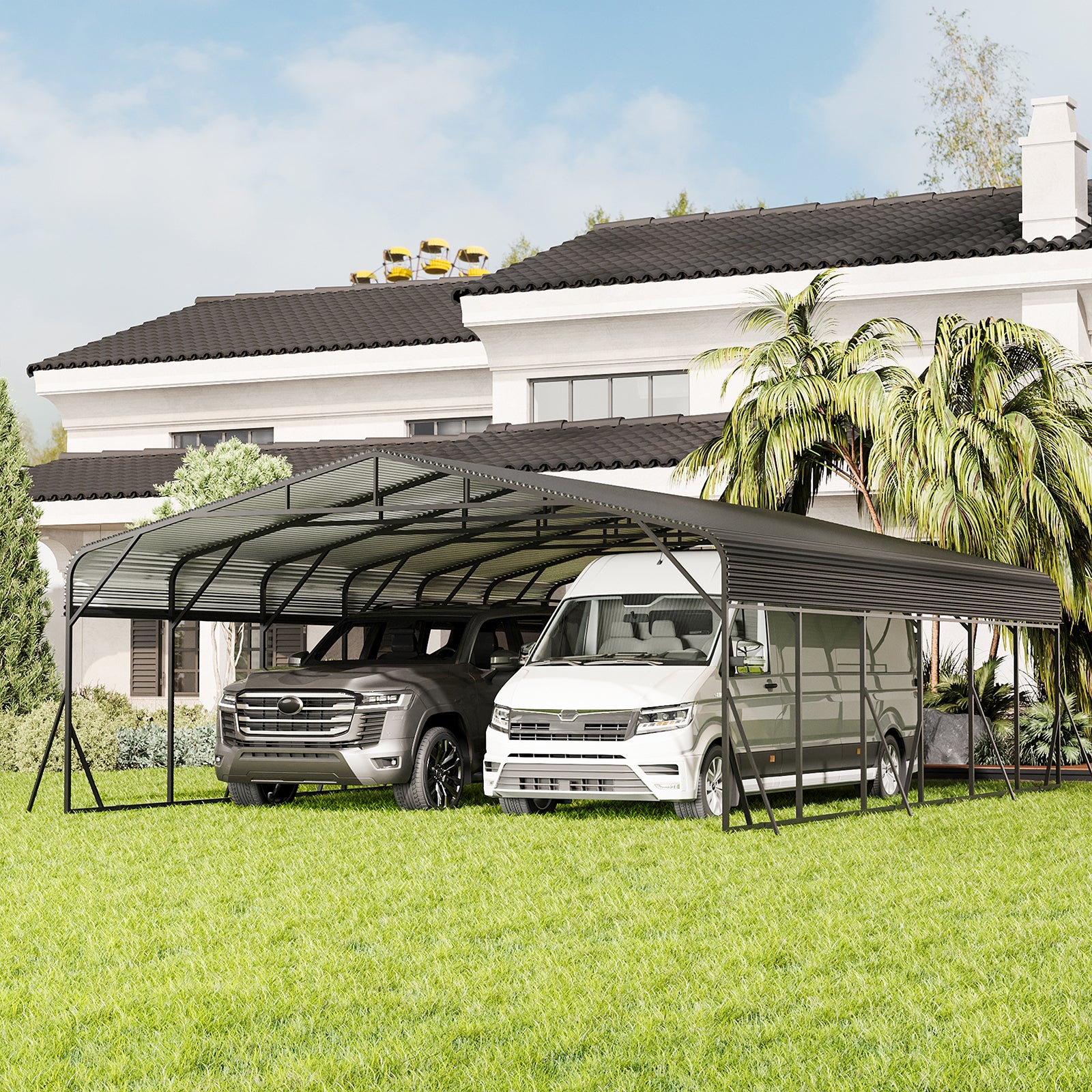 20×30 ft Heavy-Duty Galvanized Steel Carport — 120 mph Wind-Rated, 50 PSF Snow Load, Triangle-Reinforced