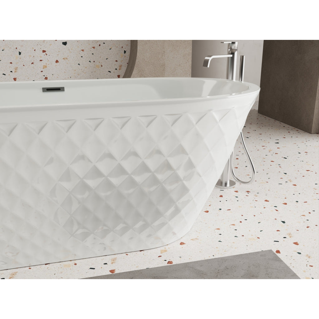 67'' acrylic freestanding bathtub with unique diamond pattern design: spacious oval shape,  Gloss white finish, Chrome overflow and pop-up drain CUPC