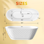 67'' acrylic freestanding bathtub with unique diamond pattern design: spacious oval shape,  Gloss white finish, Chrome overflow and pop-up drain CUPC