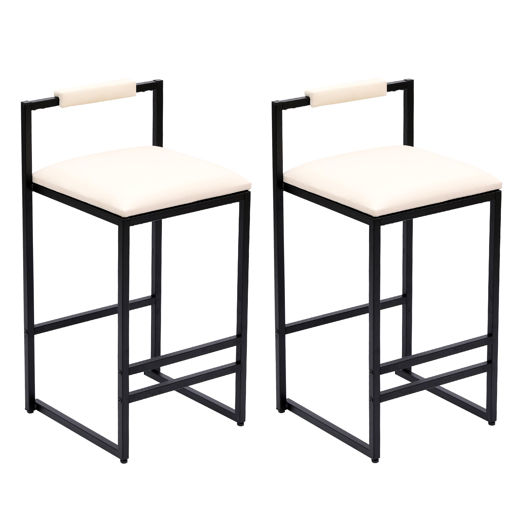 Faux Leather Bar Stools Set of 2 – Black Frame, 24.8", Beige