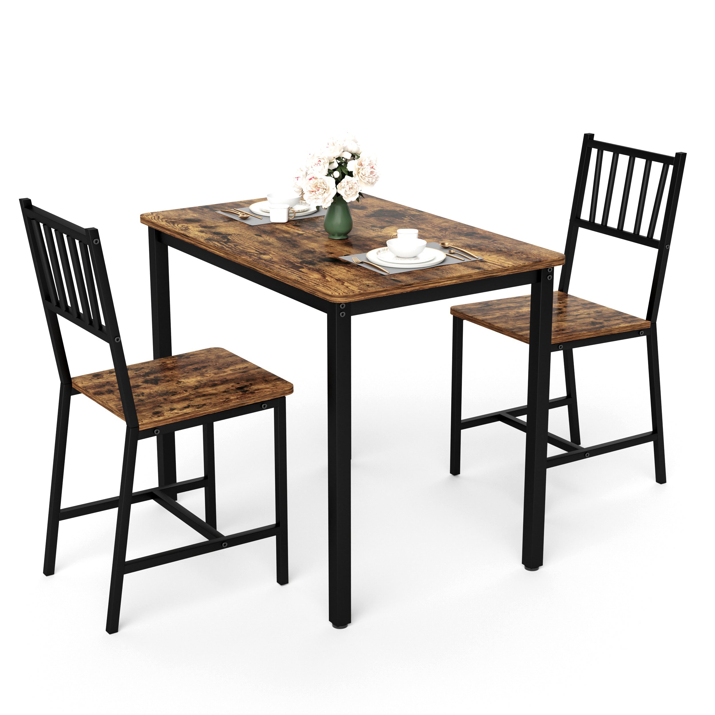 Industrial Bar Table Set – 3-Piece, Steel Frame, Rustic Brown