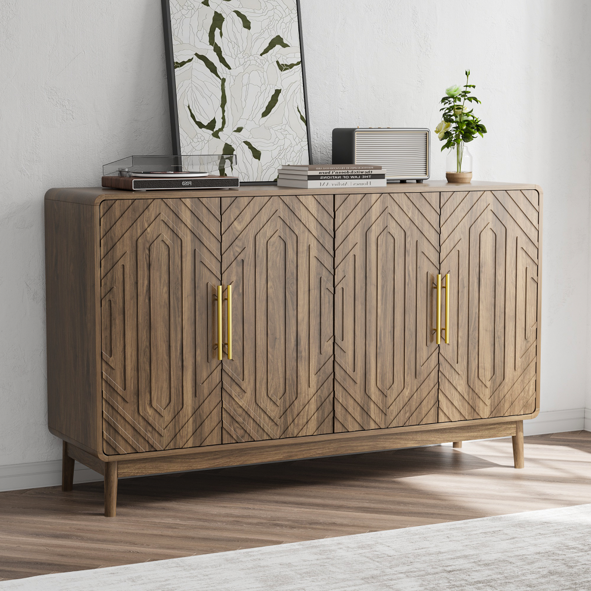 Modern Farmhouse Sideboard Cabinet 4 Door Buffet Storage with Carved Details and Adjustable Shelves