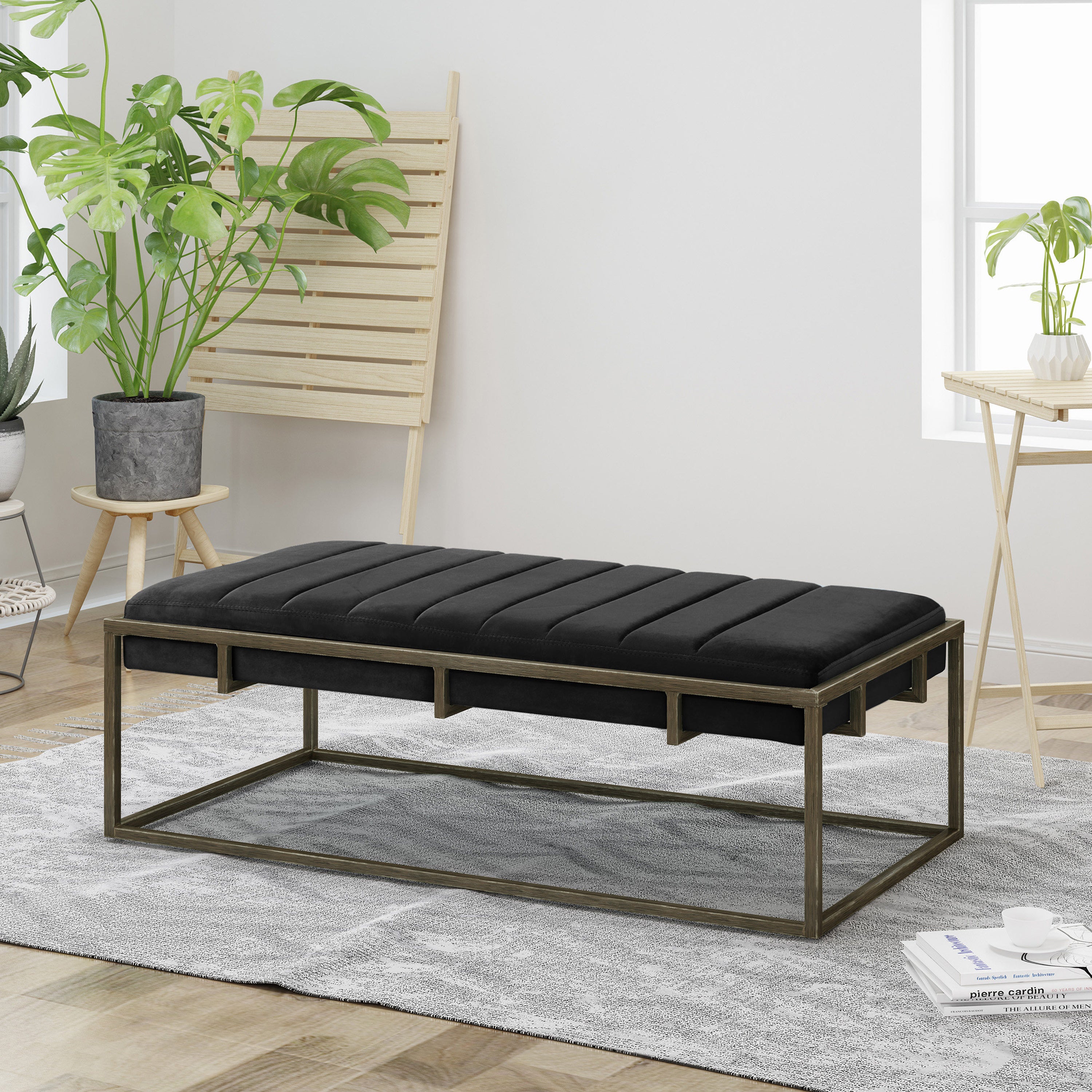 Upholstered Velvet Ottoman Bench in Black