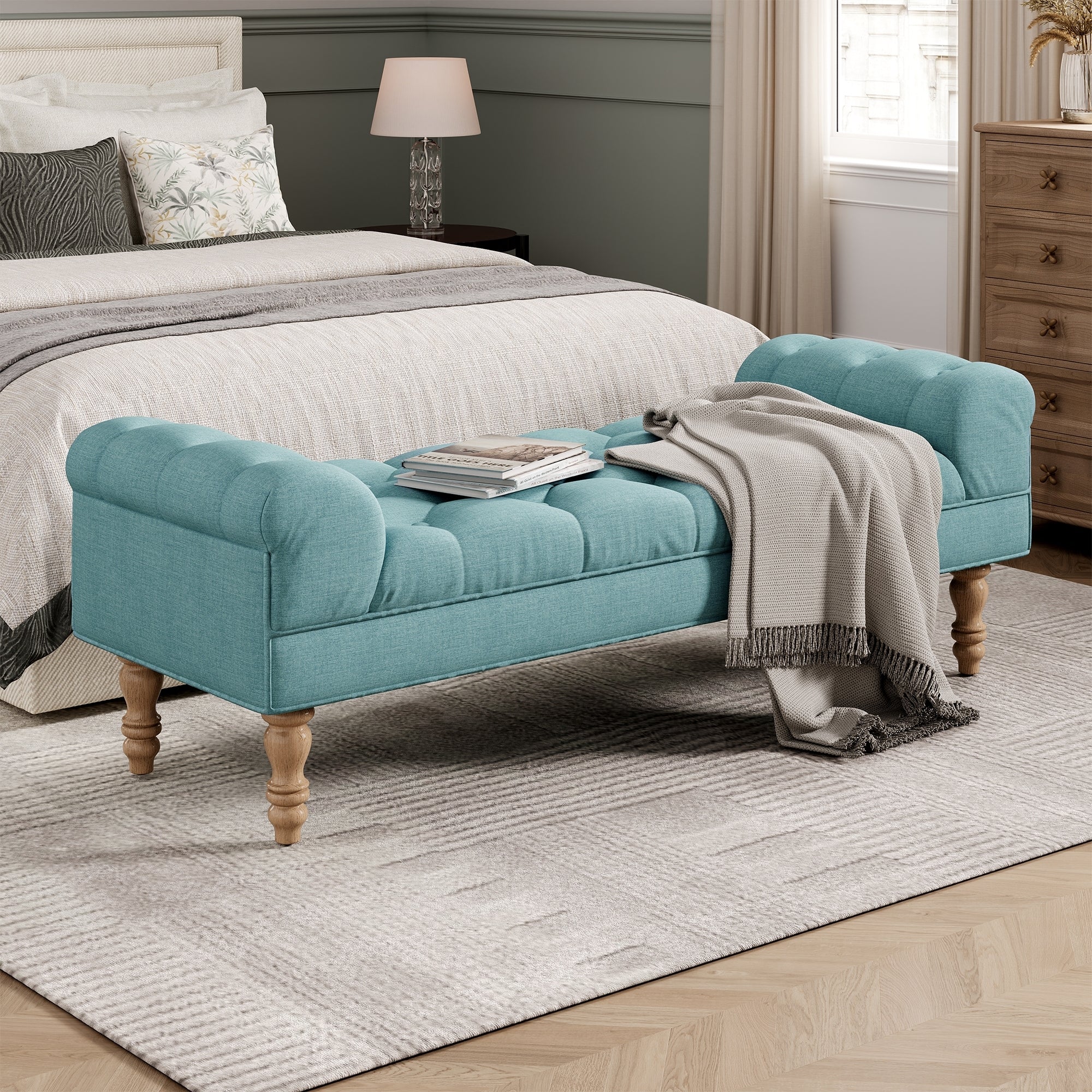 Button-Tufted Velvet Bench in Dusty Teal