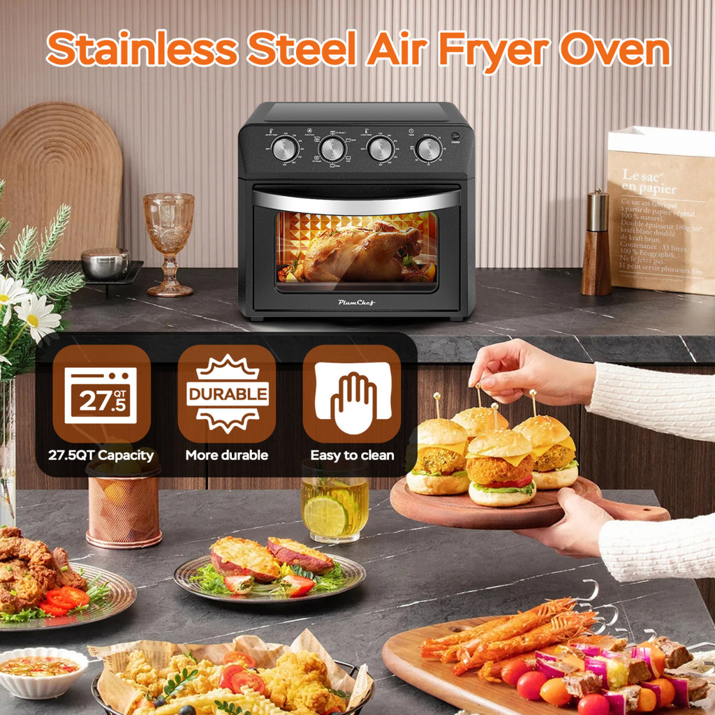 Plum Chef 27.5QT 6-in-1 Air Fryer Oven 1600W Black for Crispy Family Cooking