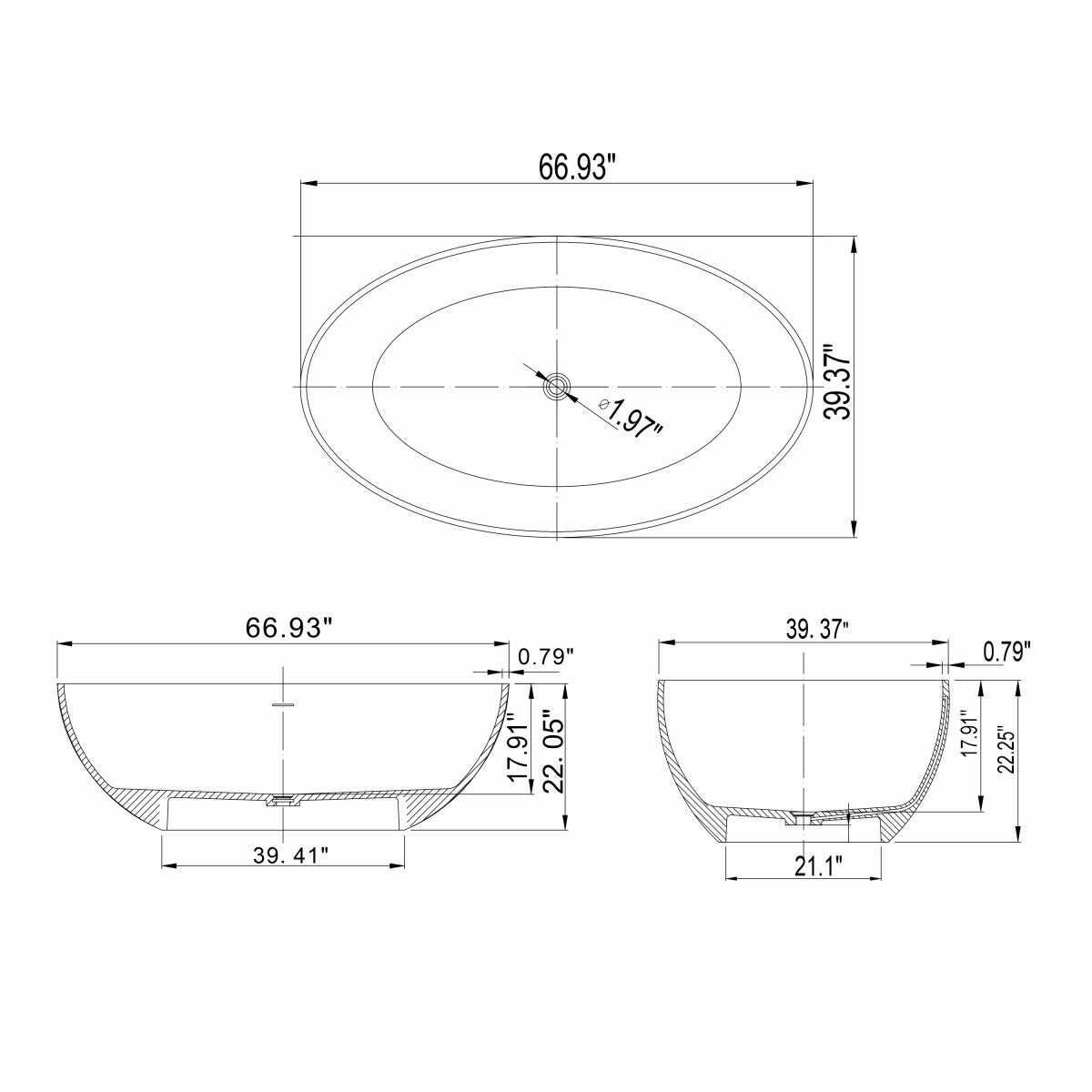 67 inch freestanding solid surface soaking bathtub for bathroom