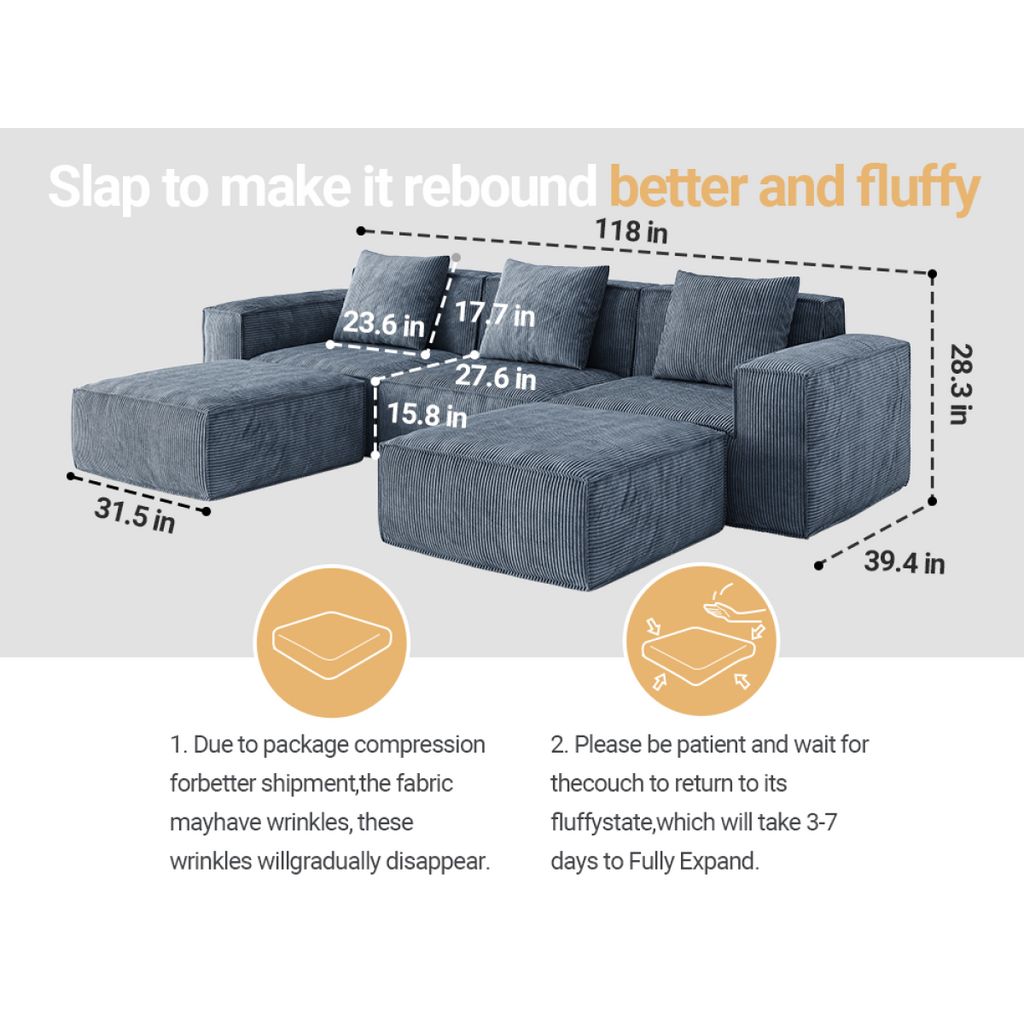 ShineHome 118 Inch Modular Sofa Bed Gray Corduroy Cloud Velvet Fabric With Flexible Configuration And Two Footrests