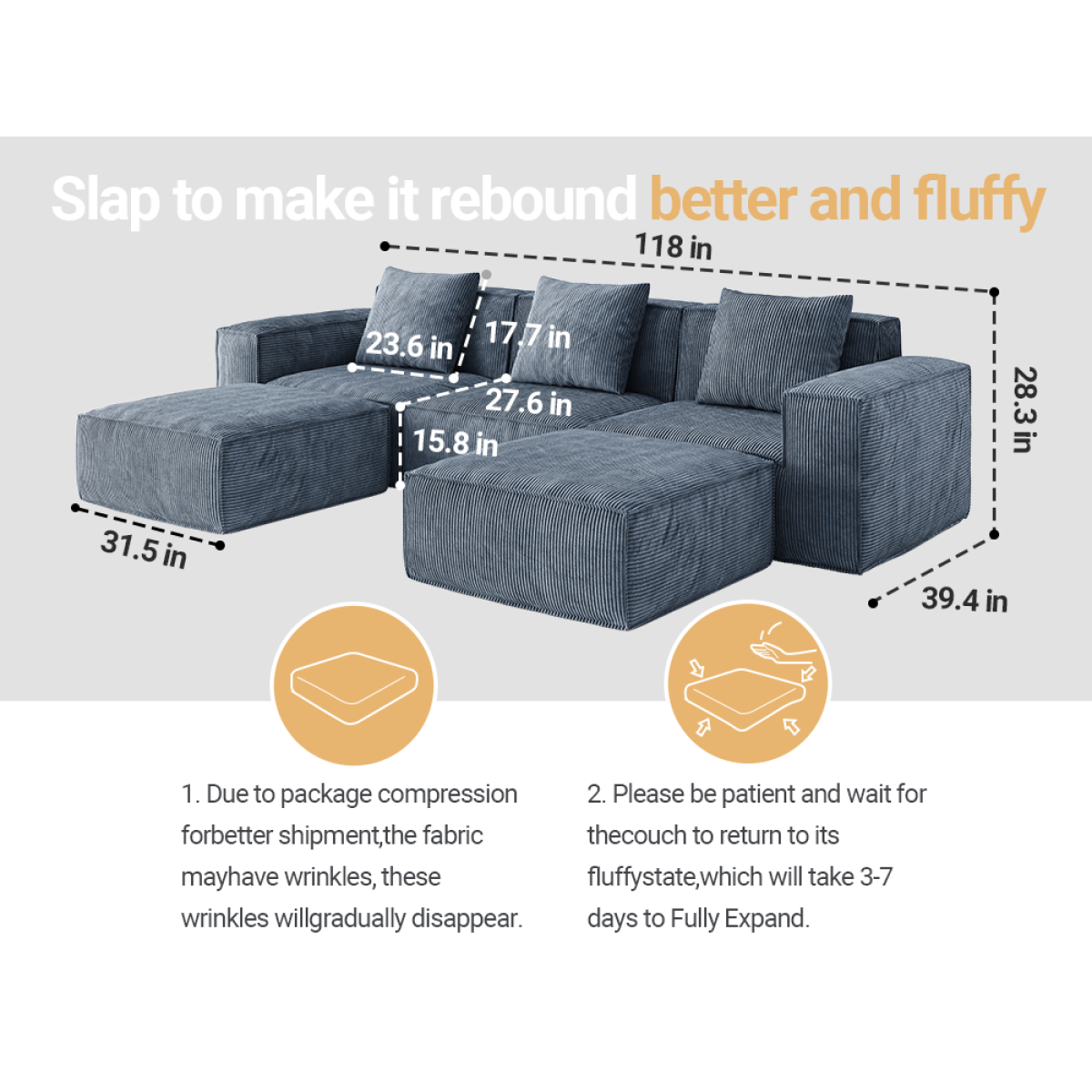 ShineHome 118 Inch Modular Sofa Bed Gray Corduroy Cloud Velvet Fabric With Flexible Configuration And Two Footrests