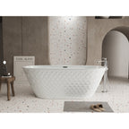 67'' acrylic freestanding bathtub with unique diamond pattern design: spacious oval shape,  Gloss white finish, Chrome overflow and pop-up drain CUPC