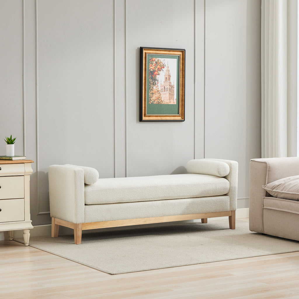 66.34" Wide Elegant Upholstered Bench in Ivory Boucle